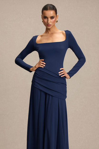 Square Collar Gathering Long Sleeve Maxi Dress