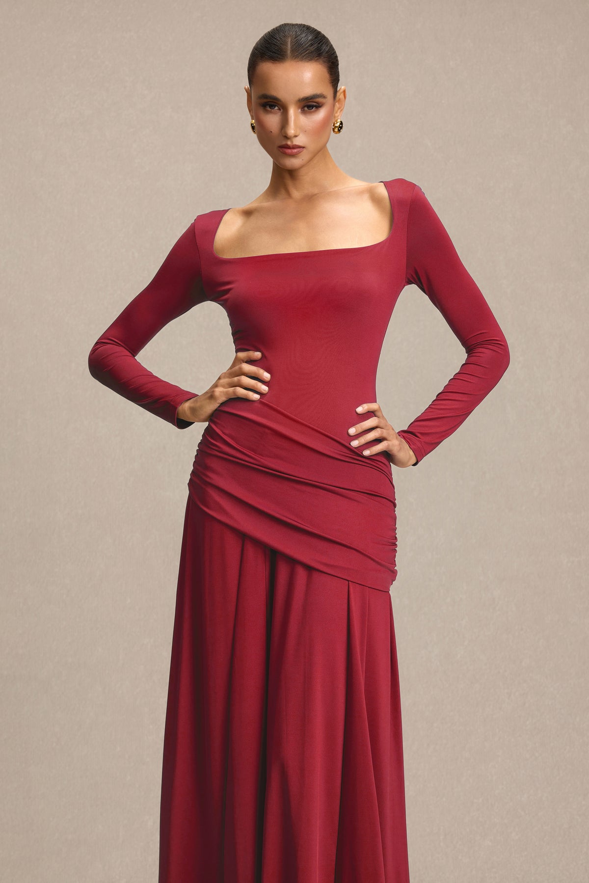 Square Collar Gathering Long Sleeve Maxi Dress