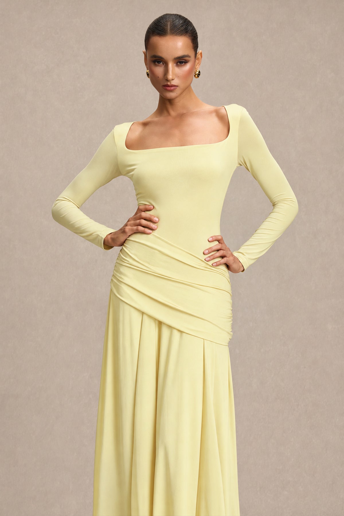 Square Collar Gathering Long Sleeve Maxi Dress