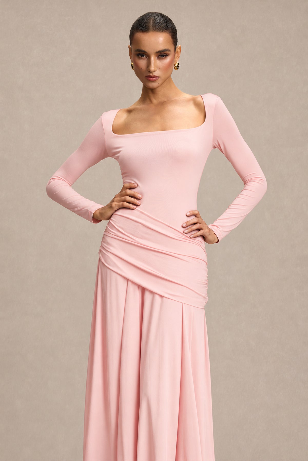 Square Collar Gathering Long Sleeve Maxi Dress