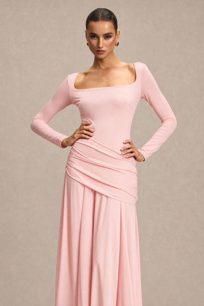 Square Collar Gathering Long Sleeve Maxi Dress
