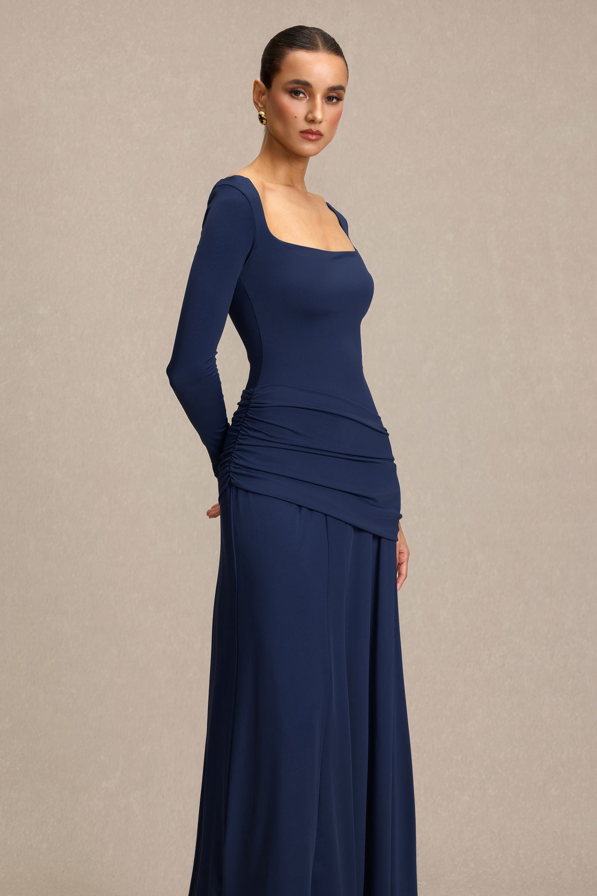 Square Collar Gathering Long Sleeve Maxi Dress