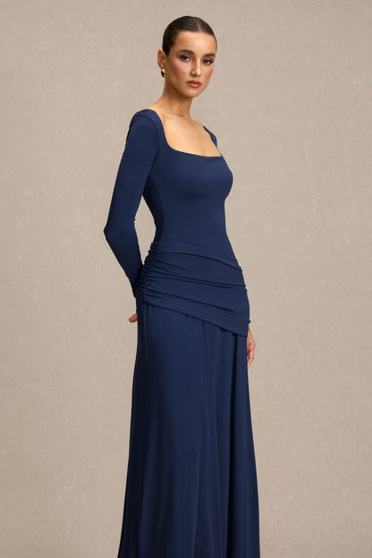 Square Collar Gathering Long Sleeve Maxi Dress