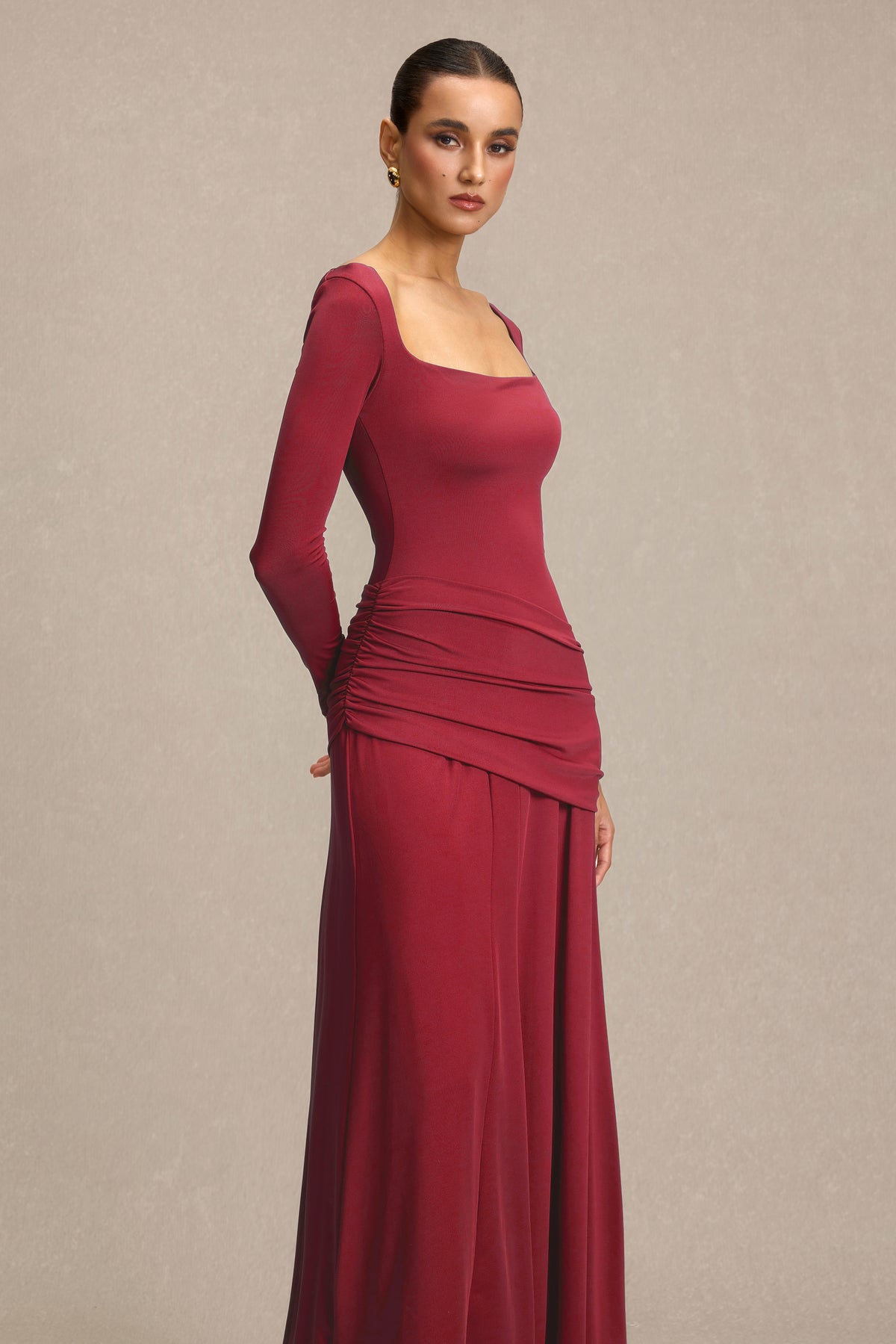 Square Collar Gathering Long Sleeve Maxi Dress