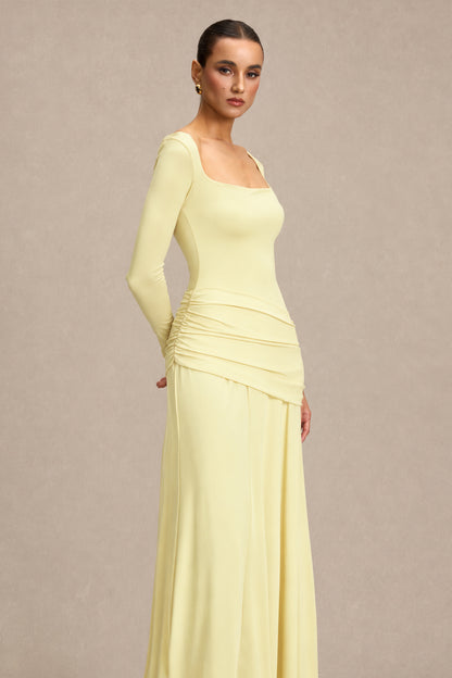 Square Collar Gathering Long Sleeve Maxi Dress