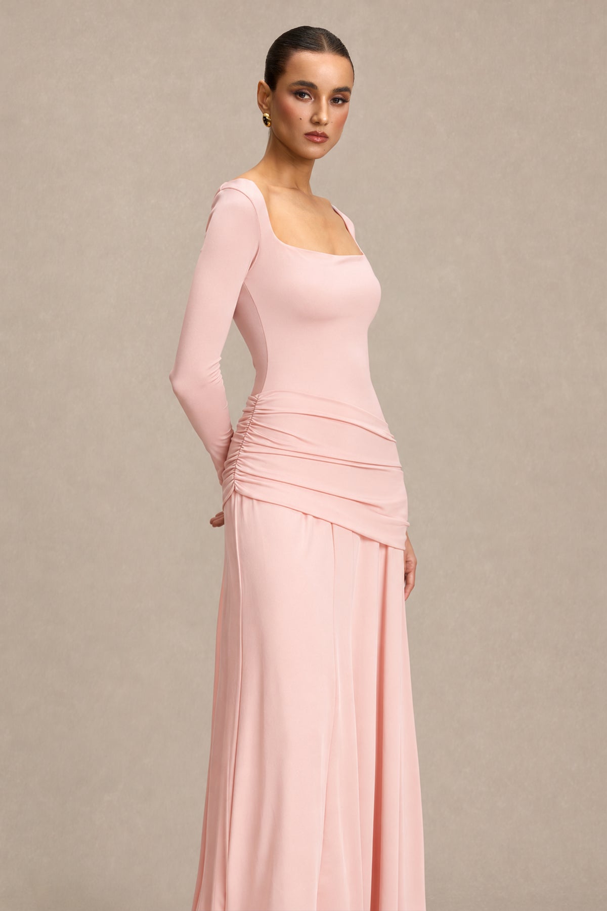 Square Collar Gathering Long Sleeve Maxi Dress