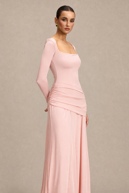Square Collar Gathering Long Sleeve Maxi Dress