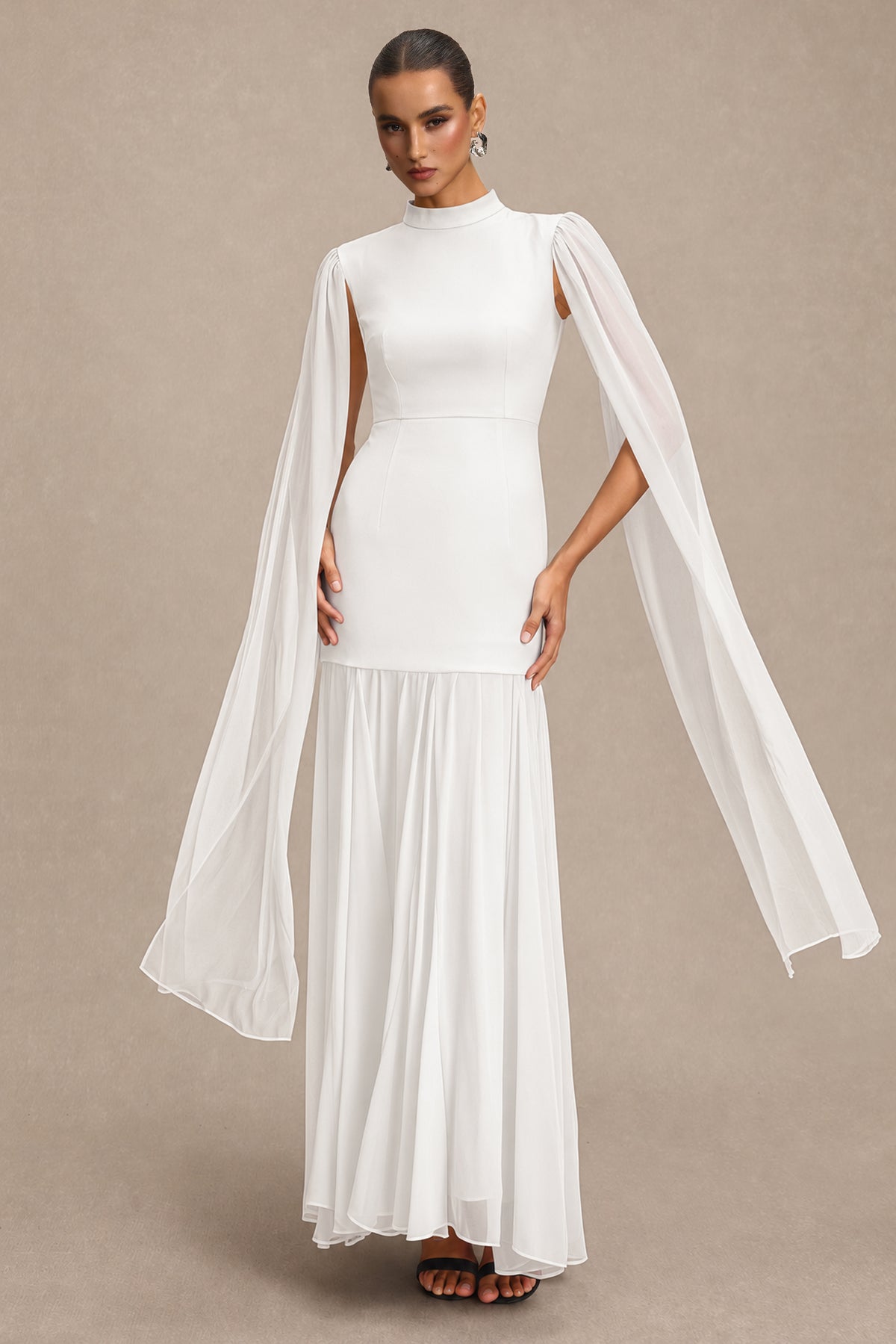 Solid High Neck Cape Sleeve Maxi Dress