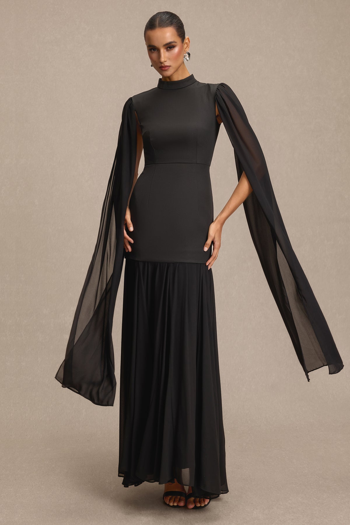 Solid High Neck Cape Sleeve Maxi Dress