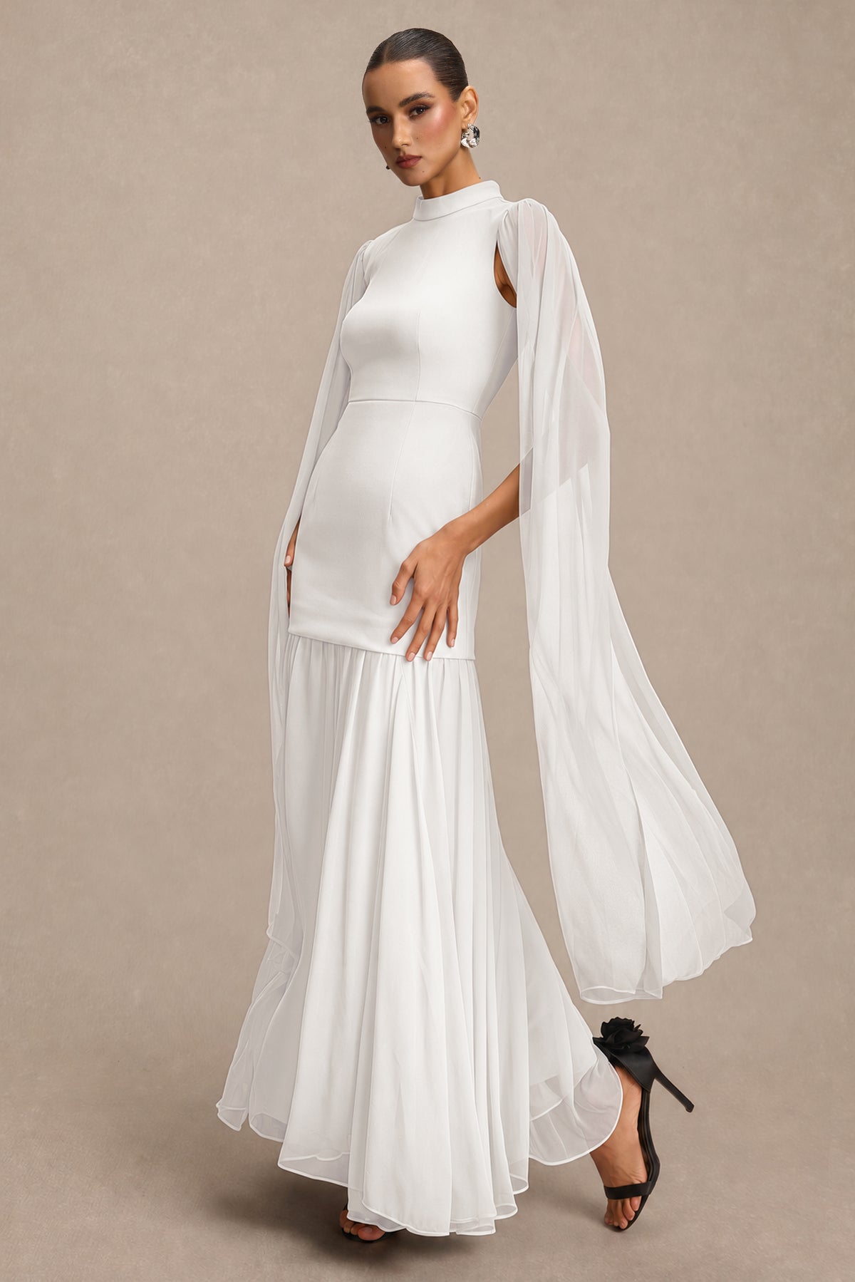 Solid High Neck Cape Sleeve Maxi Dress