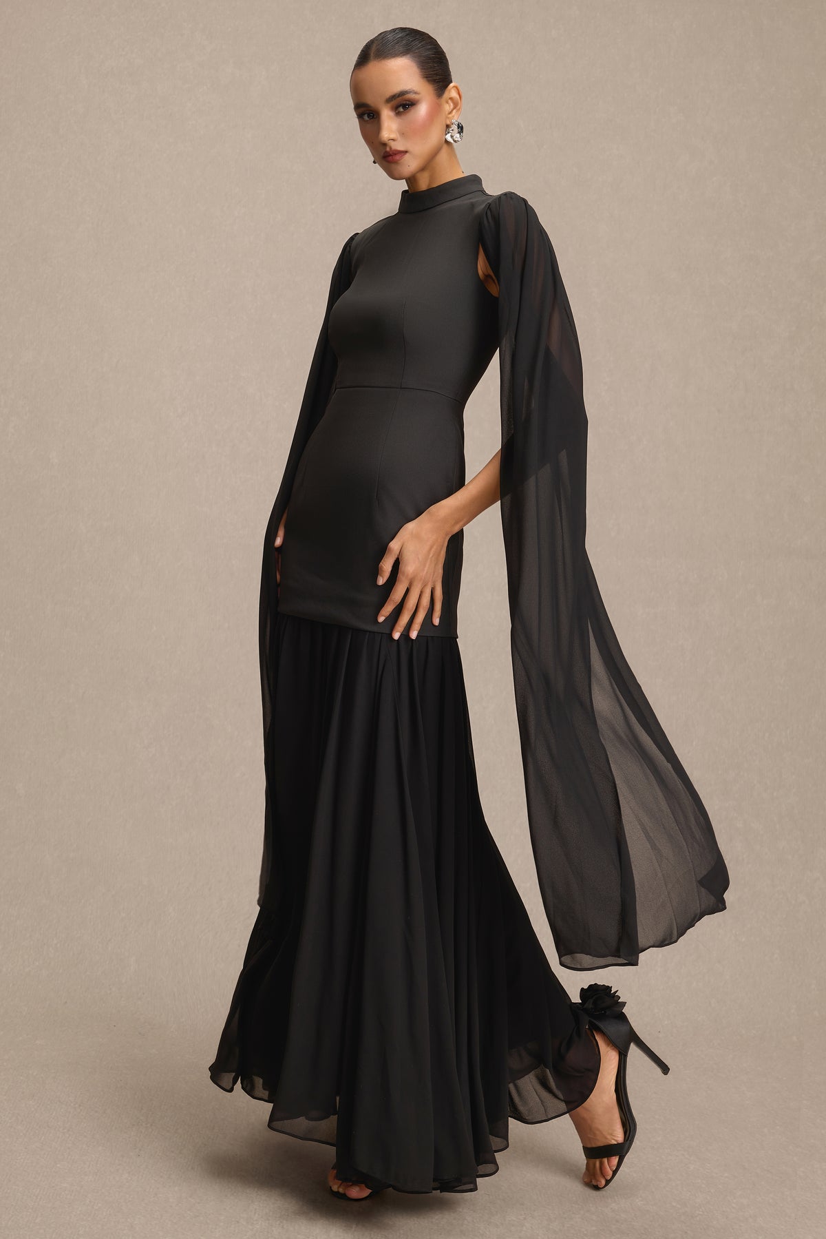 Solid High Neck Cape Sleeve Maxi Dress