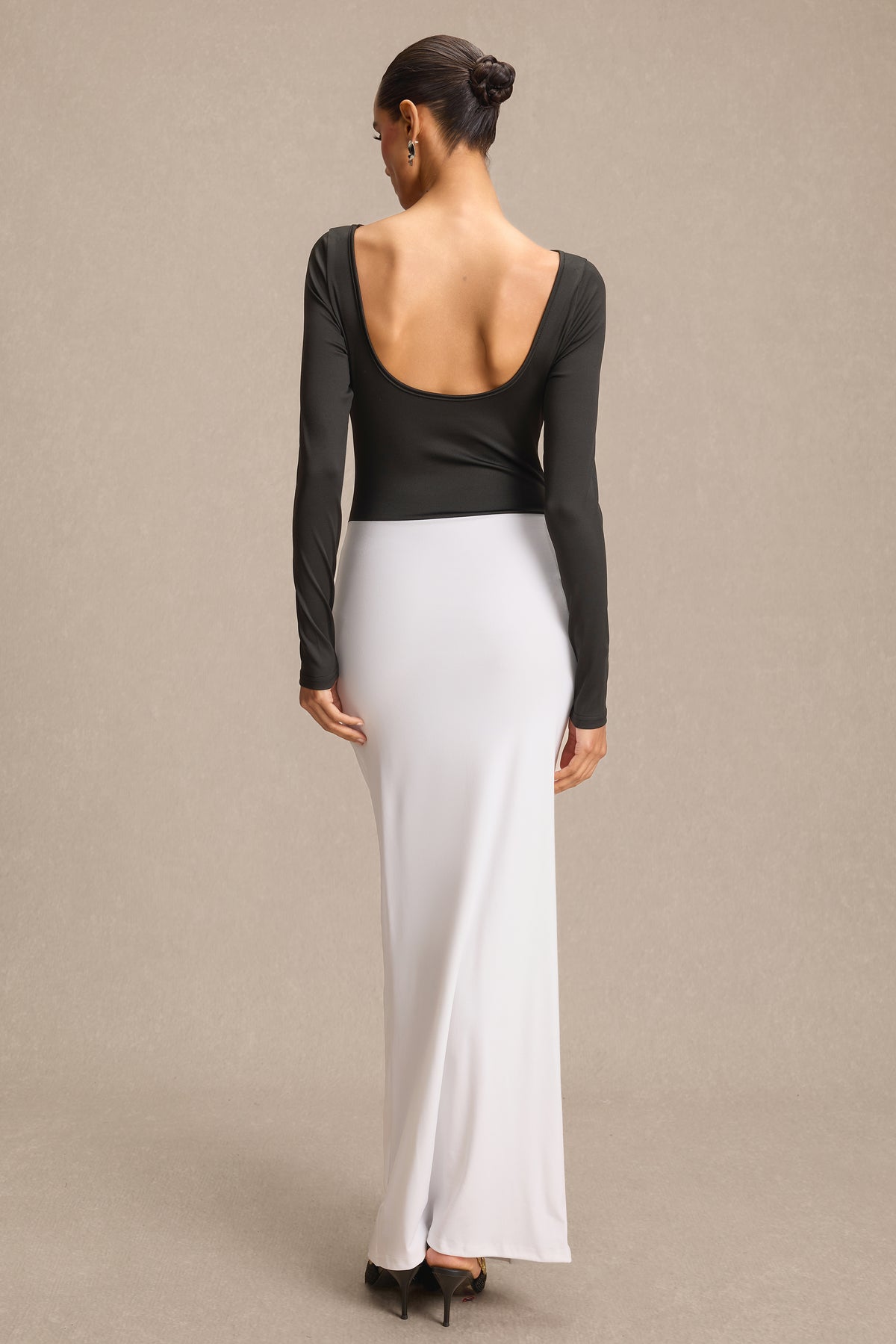Contrast Color Ruched Long Sleeve Maxi Dress