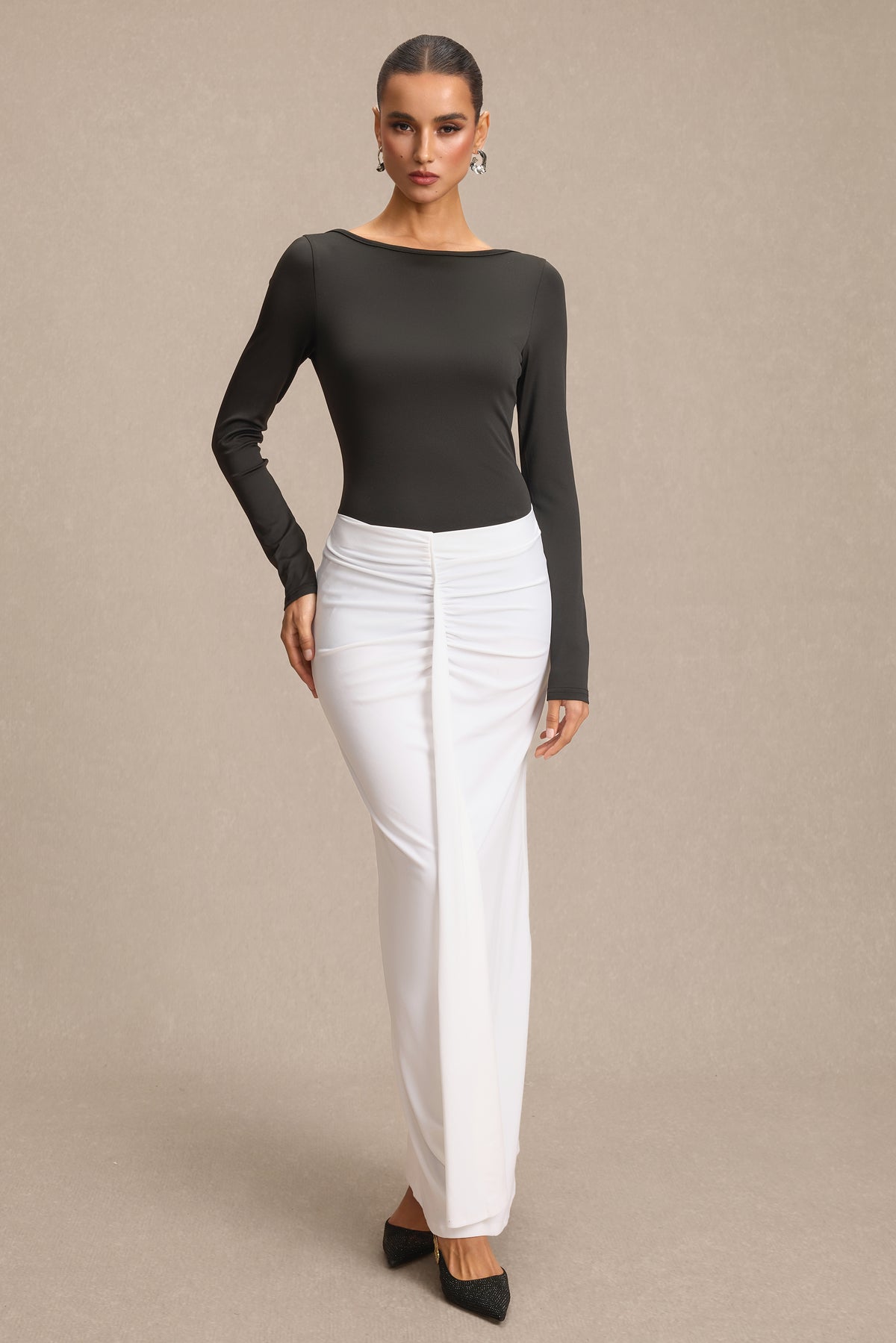 Contrast Color Ruched Long Sleeve Maxi Dress