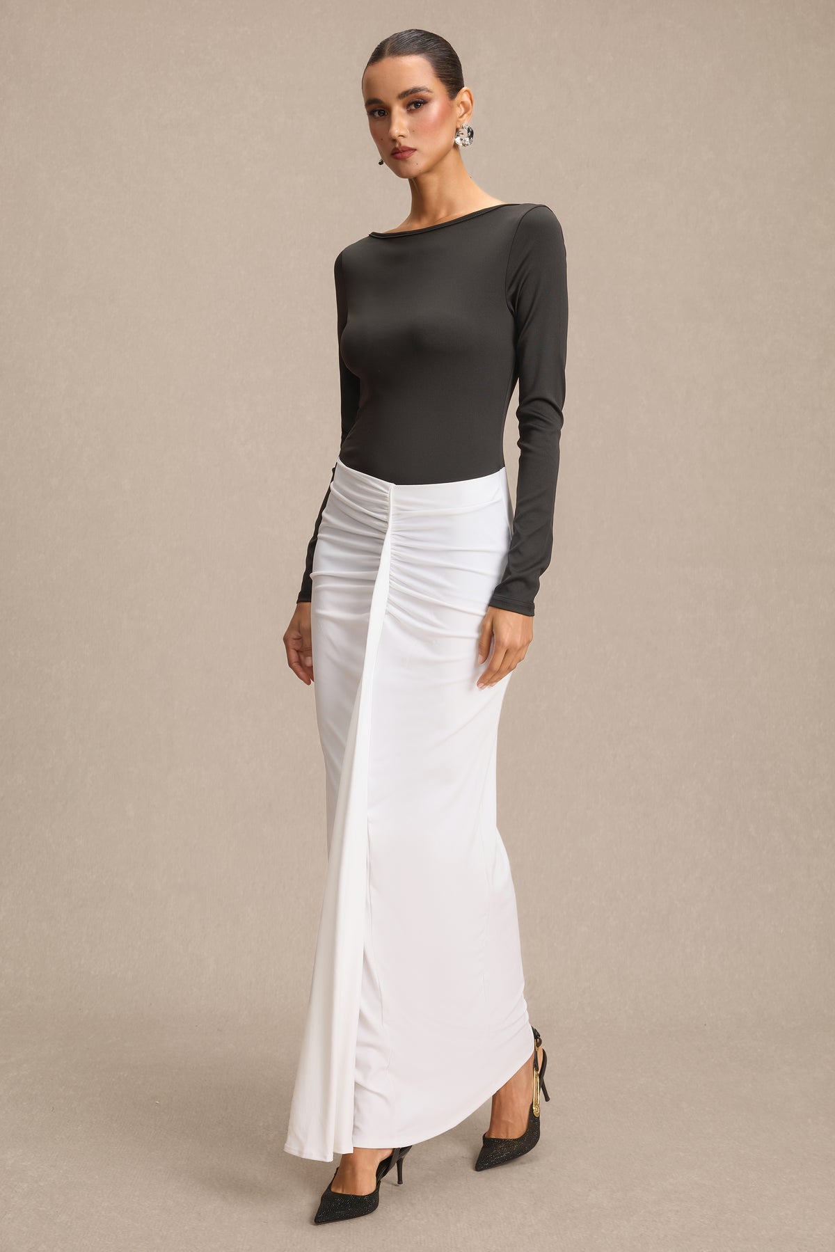Contrast Color Ruched Long Sleeve Maxi Dress