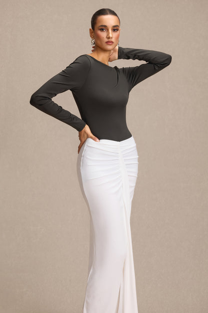 Contrast Color Ruched Long Sleeve Maxi Dress