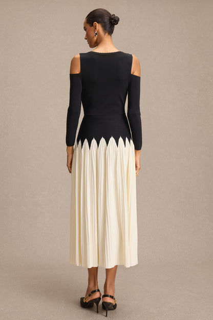Knit Contrast Color Pleated Midi Dress