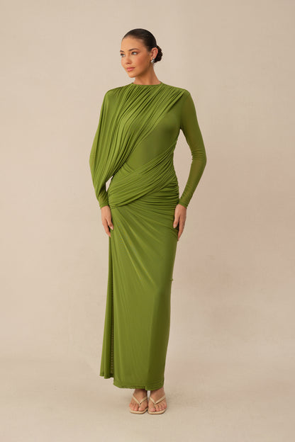 Swan Song High Neck Asymmetric Drape Maxi Dress