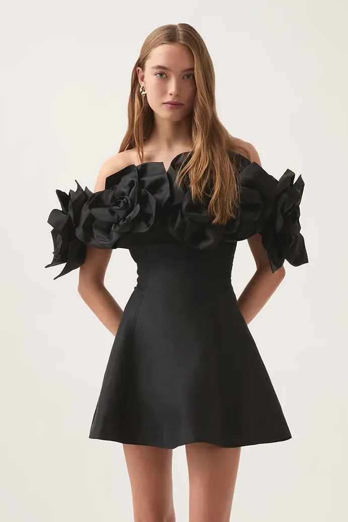 3D Flower Solid Off-Shoulder Mini Dress