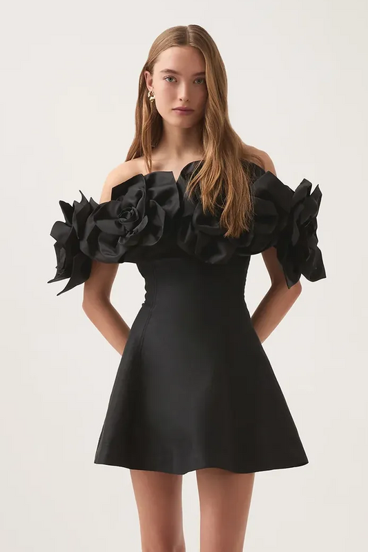 3D Flower Solid Off-Shoulder Mini Dress