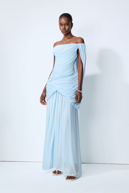 Simply Irresistible Blue Off Shoulder Ruched Cape Sleeve Maxi Dress