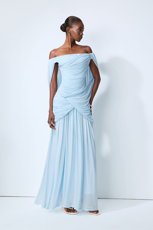 Simply Irresistible Blue Off Shoulder Ruched Cape Sleeve Maxi Dress