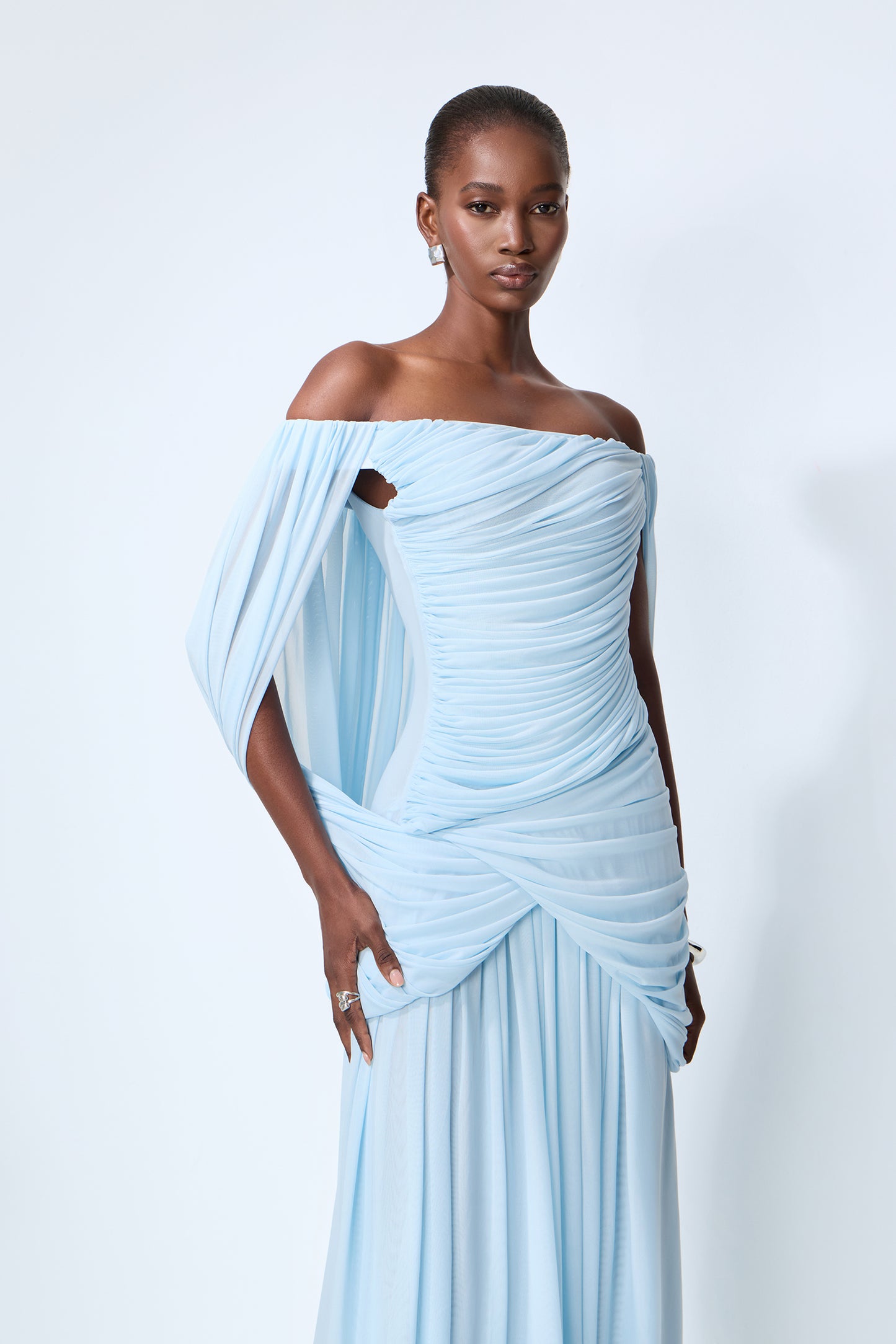 Simply Irresistible Blue Off Shoulder Ruched Cape Sleeve Maxi Dress