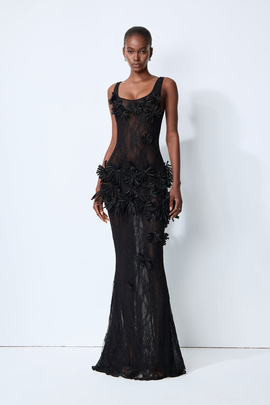 Midnight Desire Black Sheer Lace Floral Applique Maxi Dress