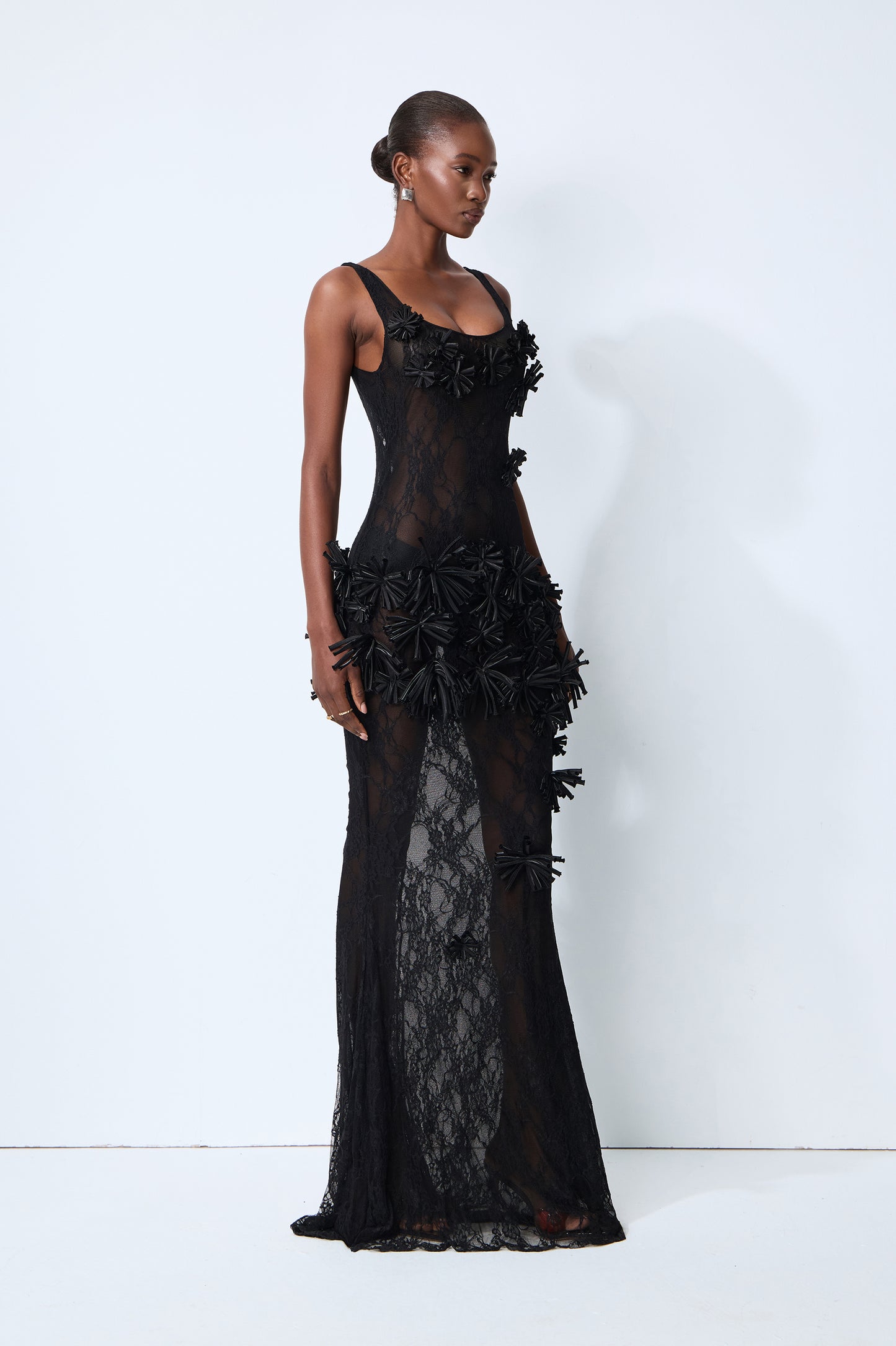 Midnight Desire Black Sheer Lace Floral Applique Maxi Dress