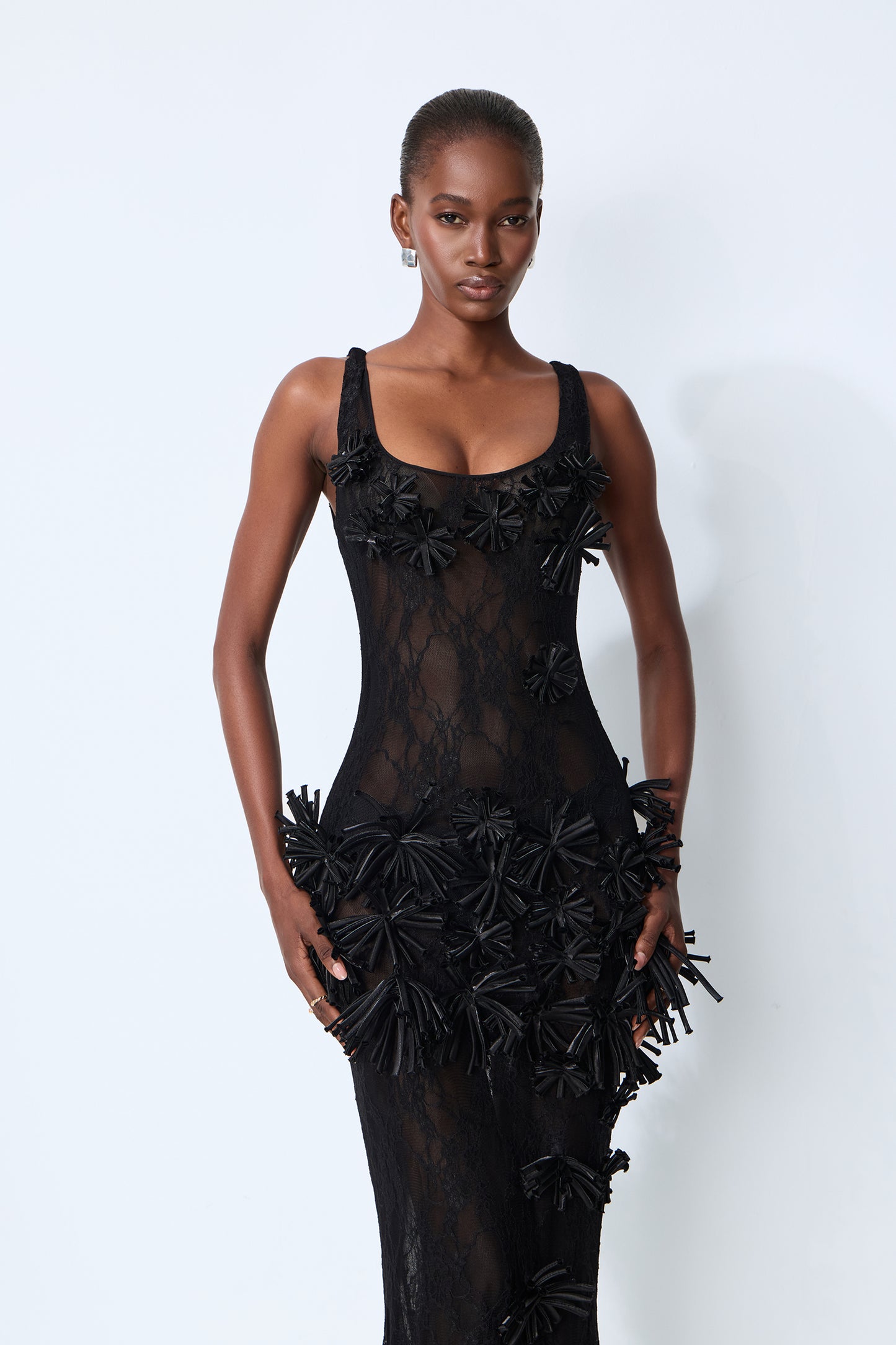 Midnight Desire Black Sheer Lace Floral Applique Maxi Dress