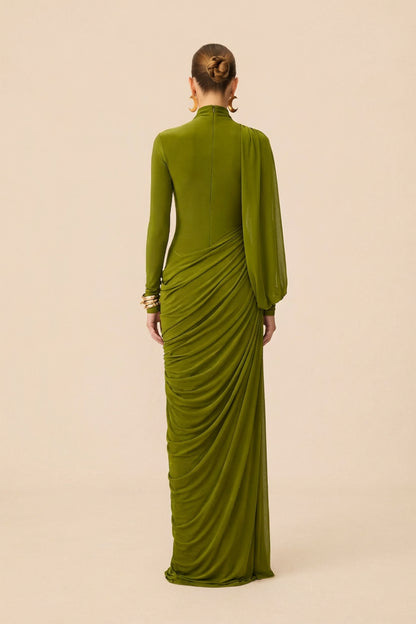 Swan Song High Neck Asymmetric Drape Maxi Dress