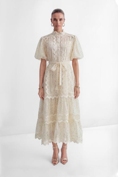 Momentous Love Beige Lace Trim Polka Dot Maxi Dress