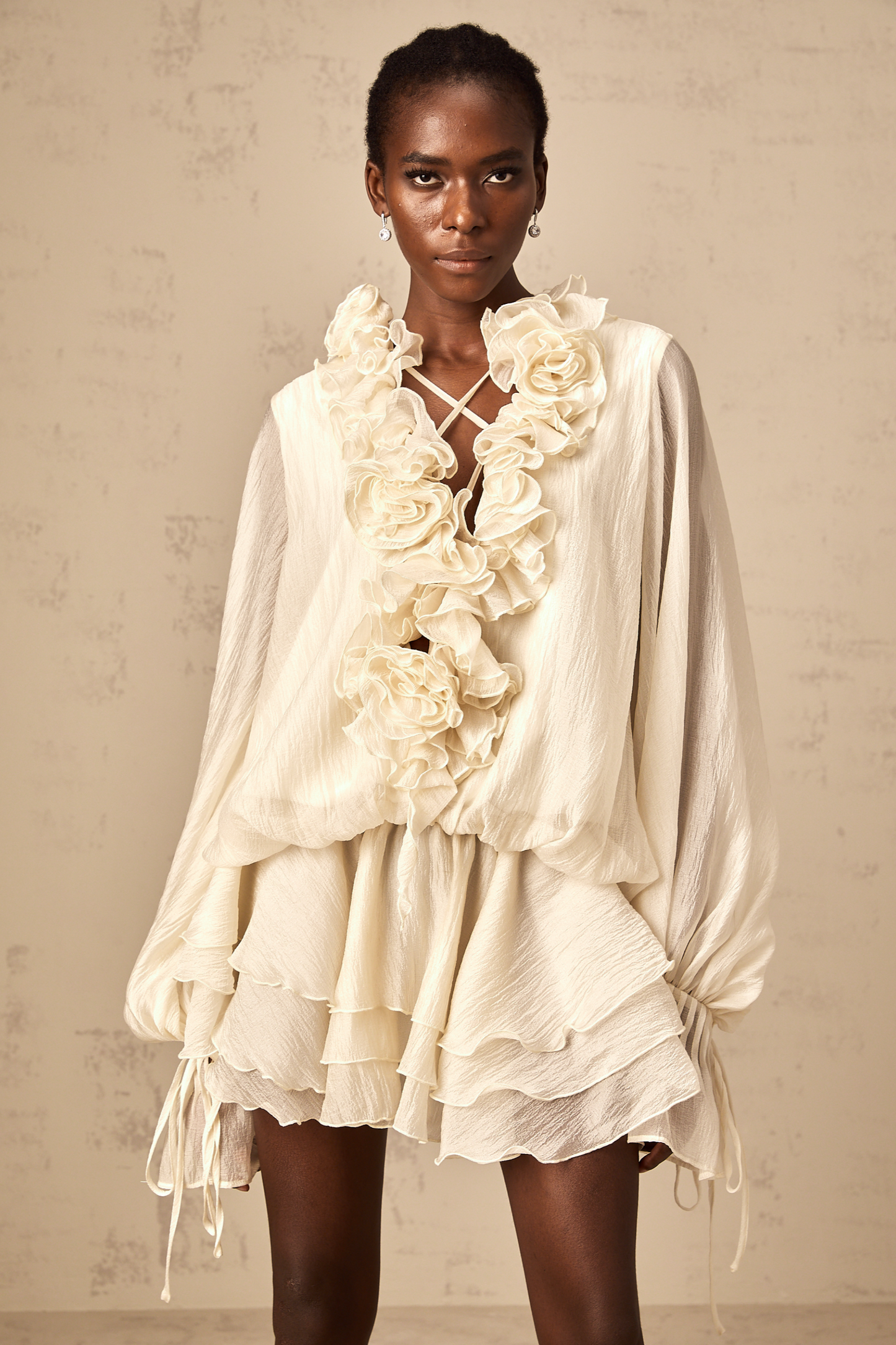 Zéphyrine floral-appliqué tiered mini dress in Neutrals