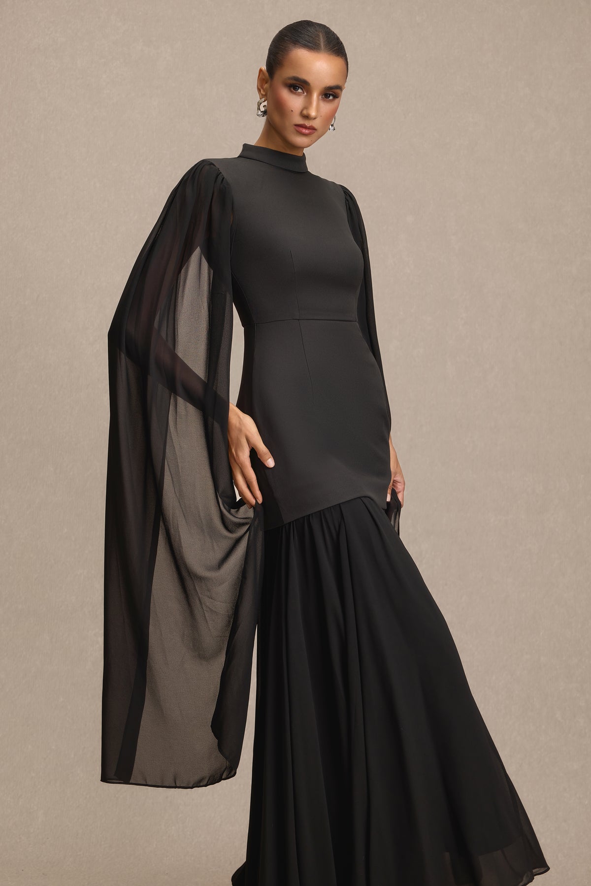 Solid High Neck Cape Sleeve Maxi Dress