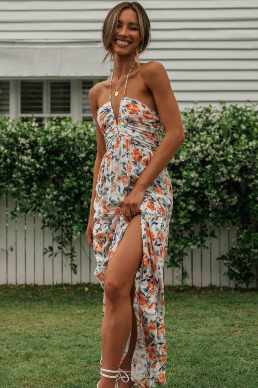 Floral V-Neck Backless Maxi Dress
