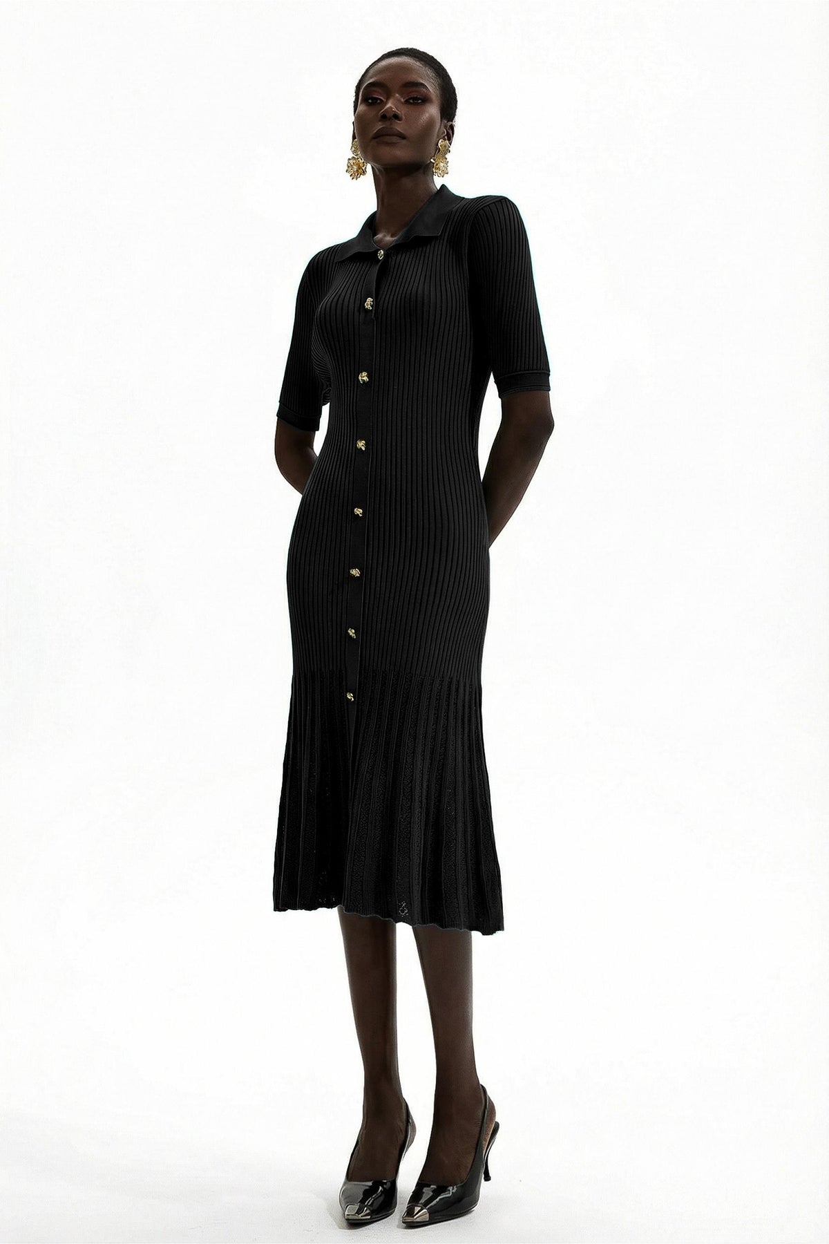 Jersey Flapped Metal Button Midi Dress