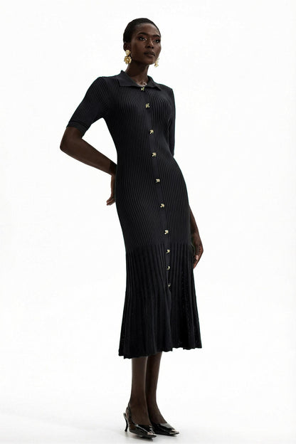 Jersey Flapped Metal Button Midi Dress