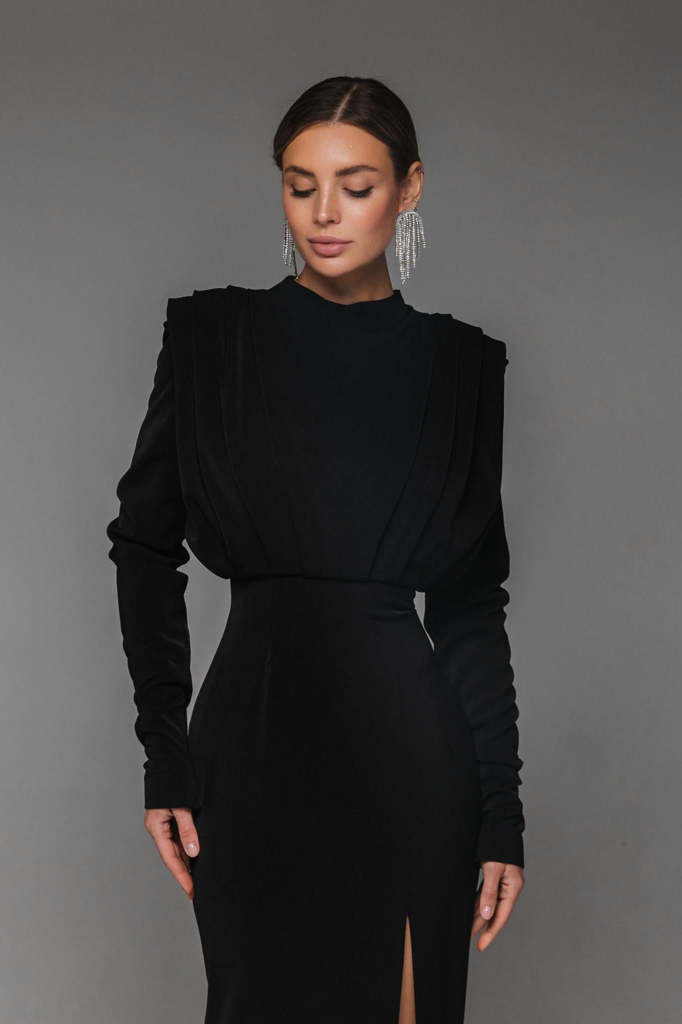 Stand Collar Long Sleeve Pleated Waist Split Maxi Dress