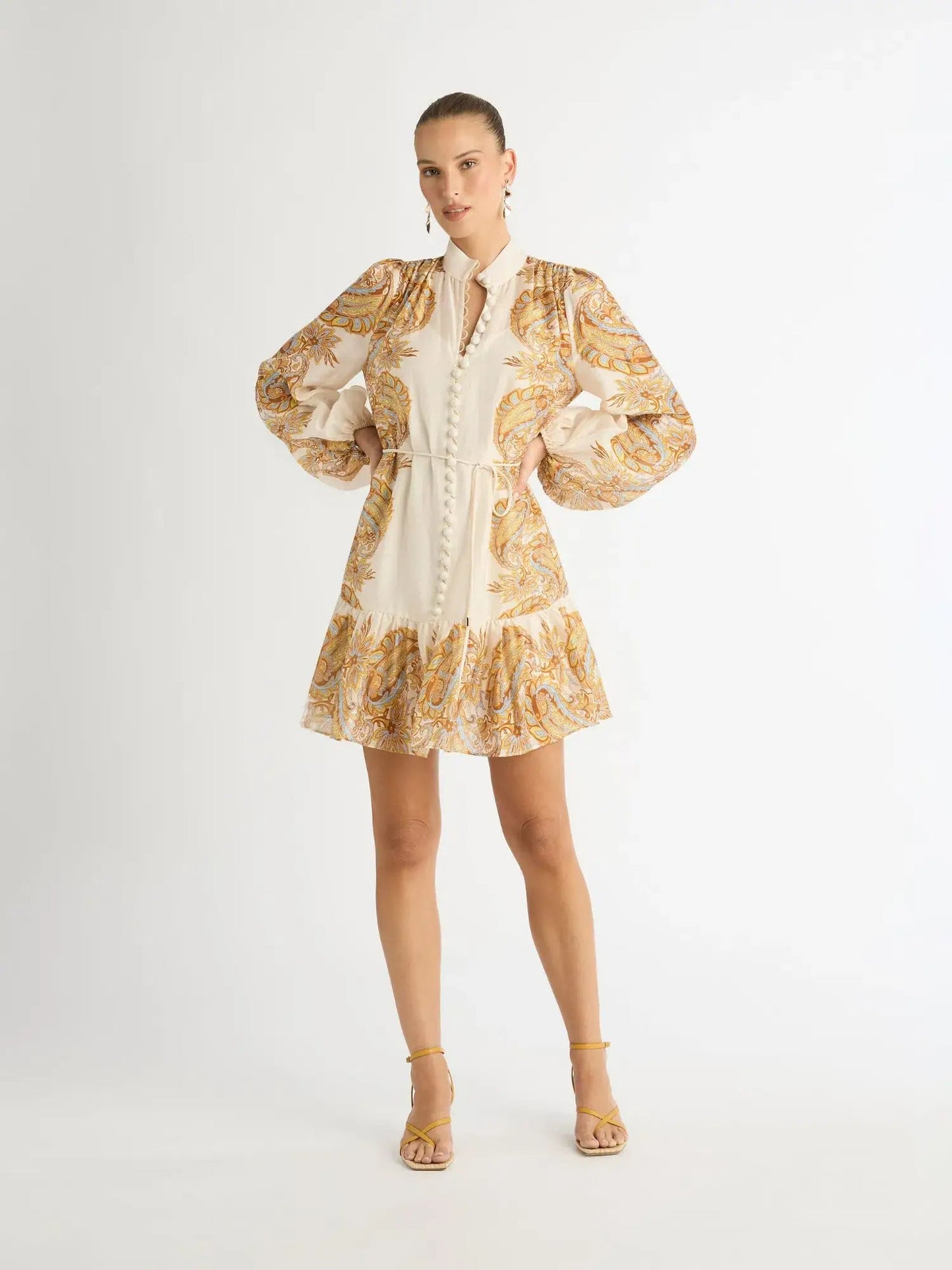 Paisley Single Breasted Lantern Sleeve Mini Dress