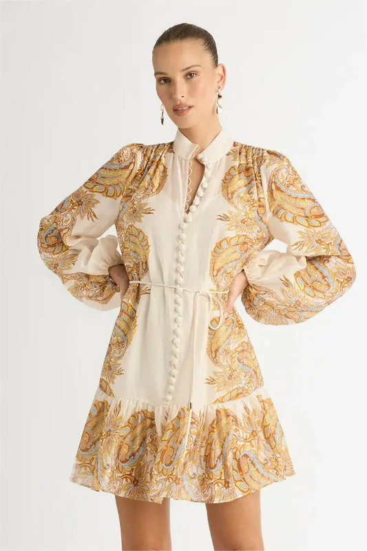 Paisley Single Breasted Lantern Sleeve Mini Dress
