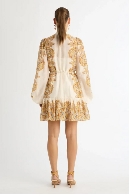 Paisley Single Breasted Lantern Sleeve Mini Dress