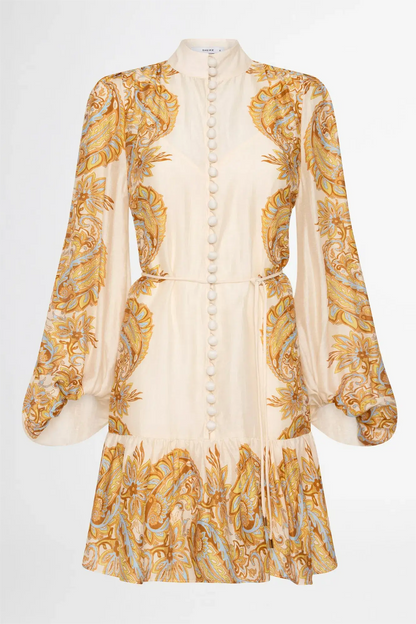 Paisley Single Breasted Lantern Sleeve Mini Dress
