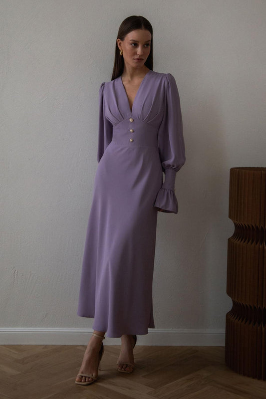 Solid V-Neck Lantern Sleeve Midi Dress