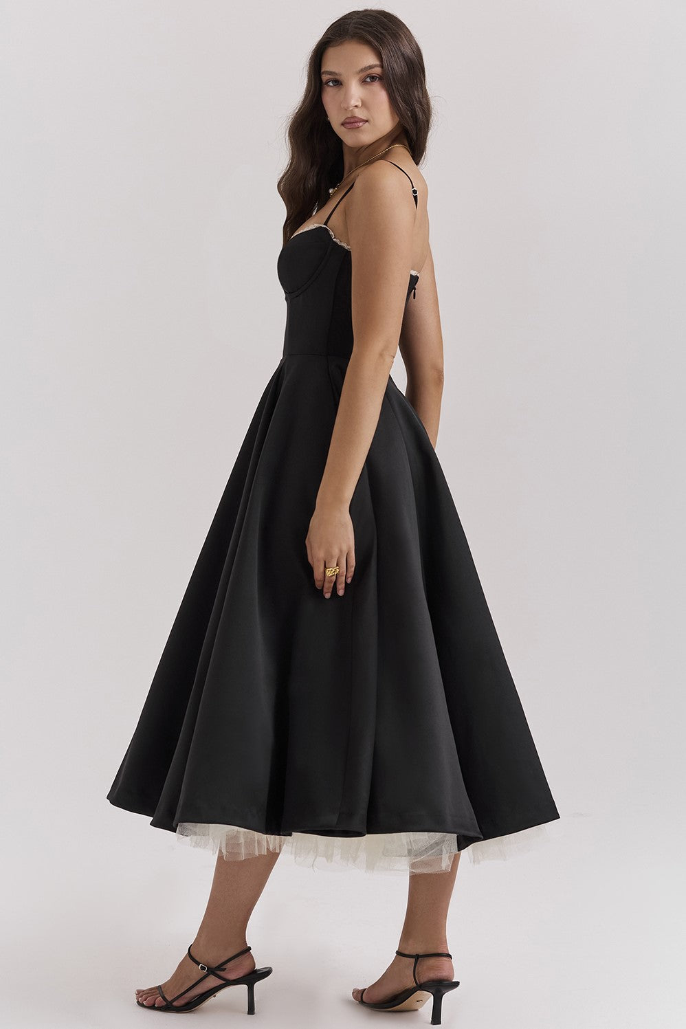Lace Mesh Sweetheart Neck Midi Dress
