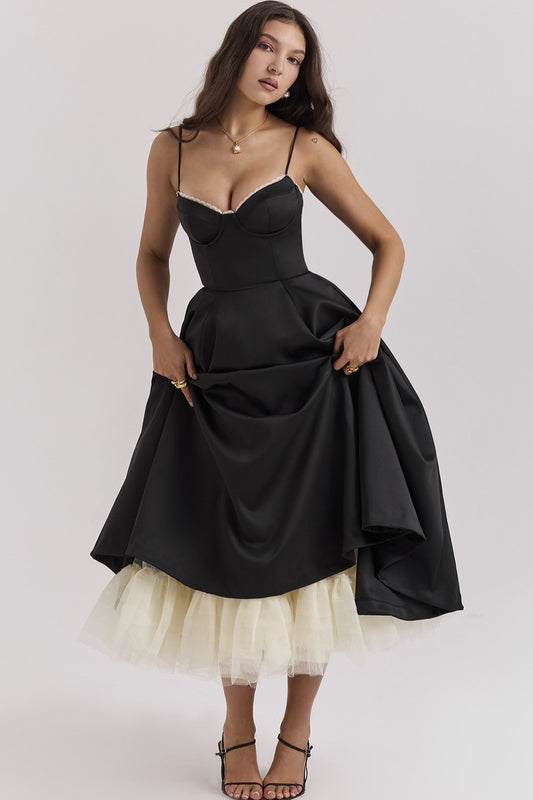 Lace Mesh Sweetheart Neck Midi Dress