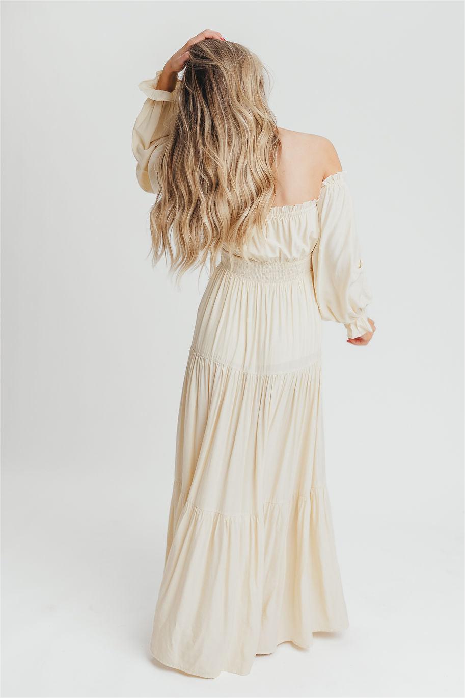 Off-Shoulder Smocking Long Sleeve Split Midi Dress