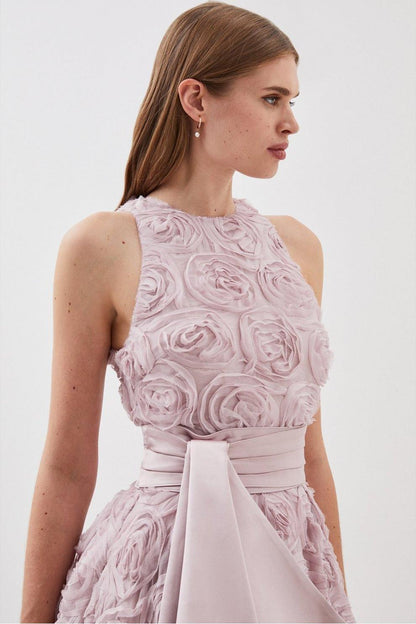 3D Floral Sleeveless Midi Dress With Belt