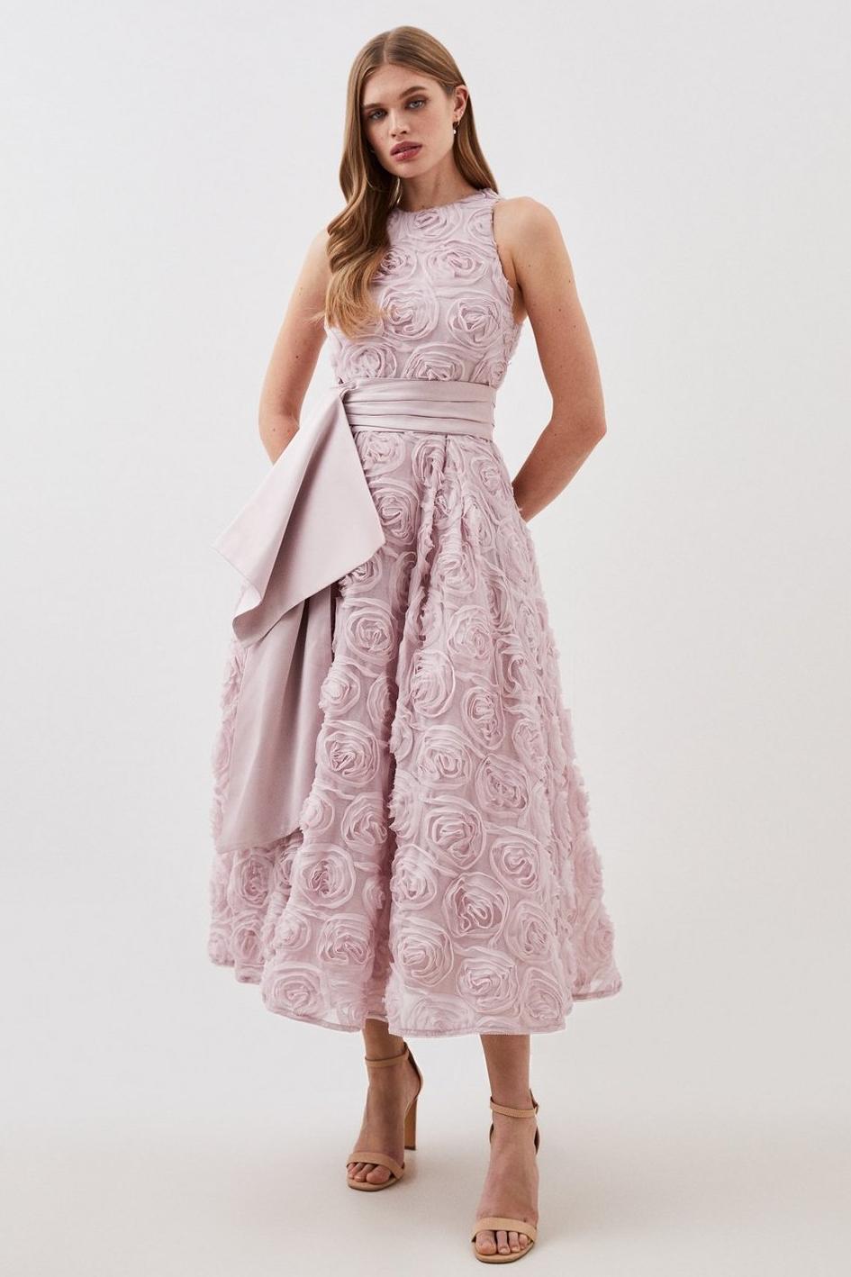 3D Floral Sleeveless Midi Dress With Belt