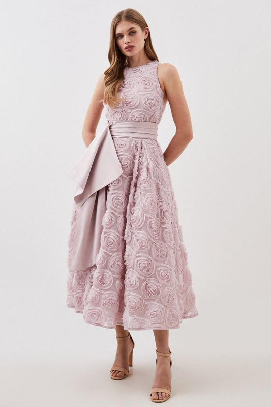 3D Floral Sleeveless Midi Dress With Belt