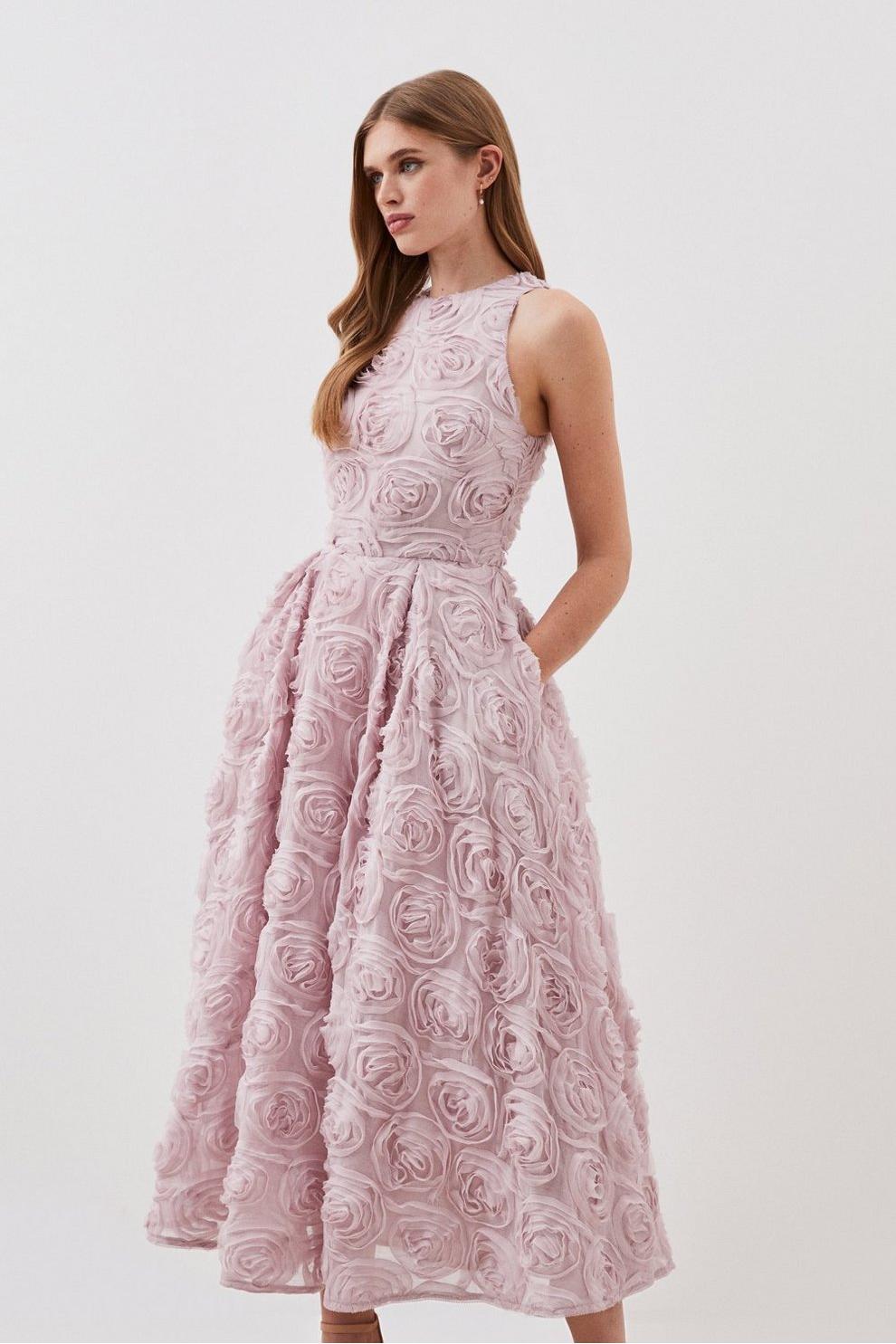 3D Floral Sleeveless Midi Dress With Belt