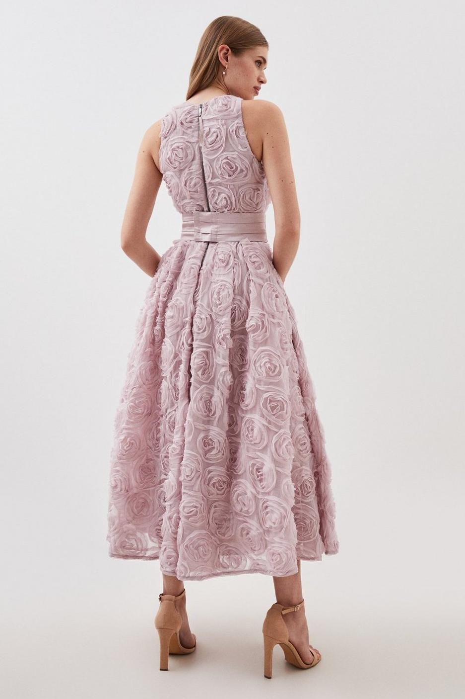 3D Floral Sleeveless Midi Dress With Belt